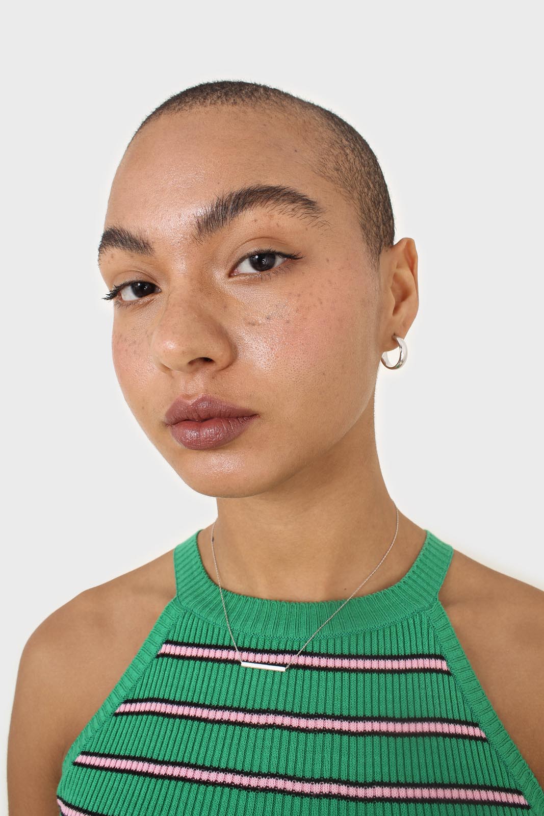 Green and pink striped halter neck knit tank_4