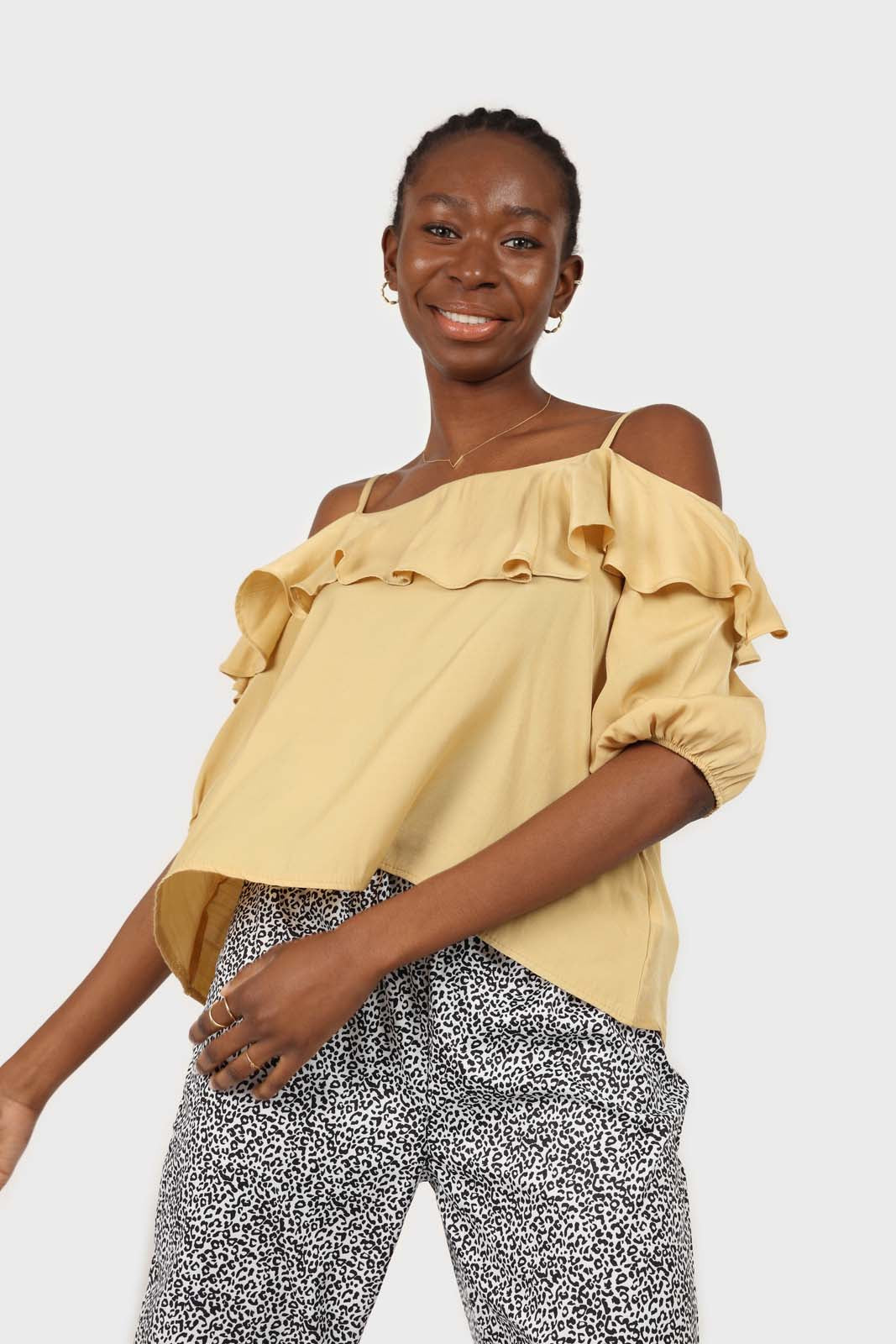 Yellow thin strap ruffle top_1