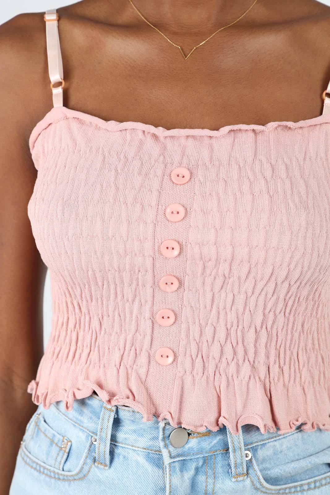 Pale pink button front ruched bodice tank_4