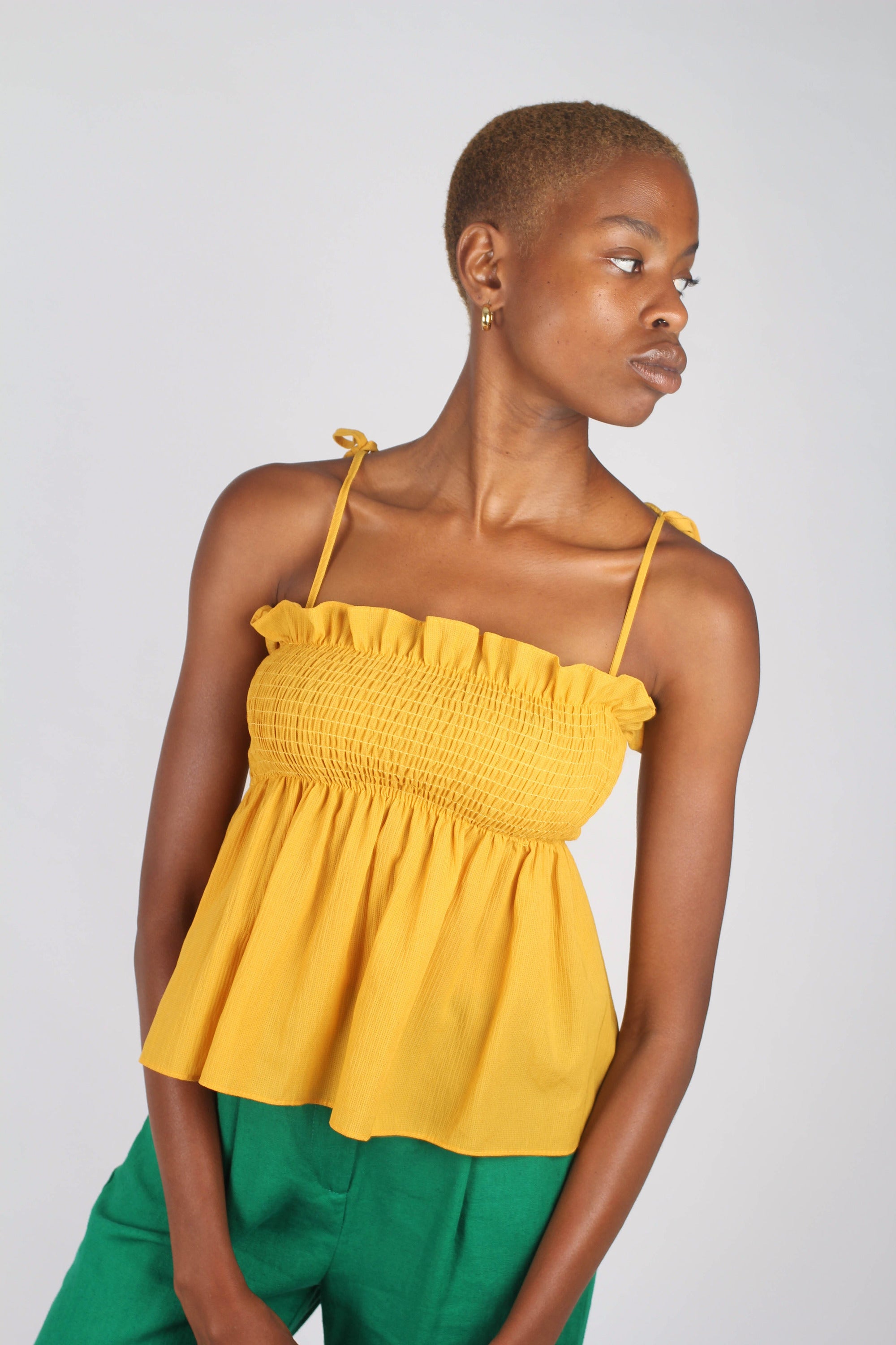 Yellow ruched fit and flare tie shoulder tank_1
