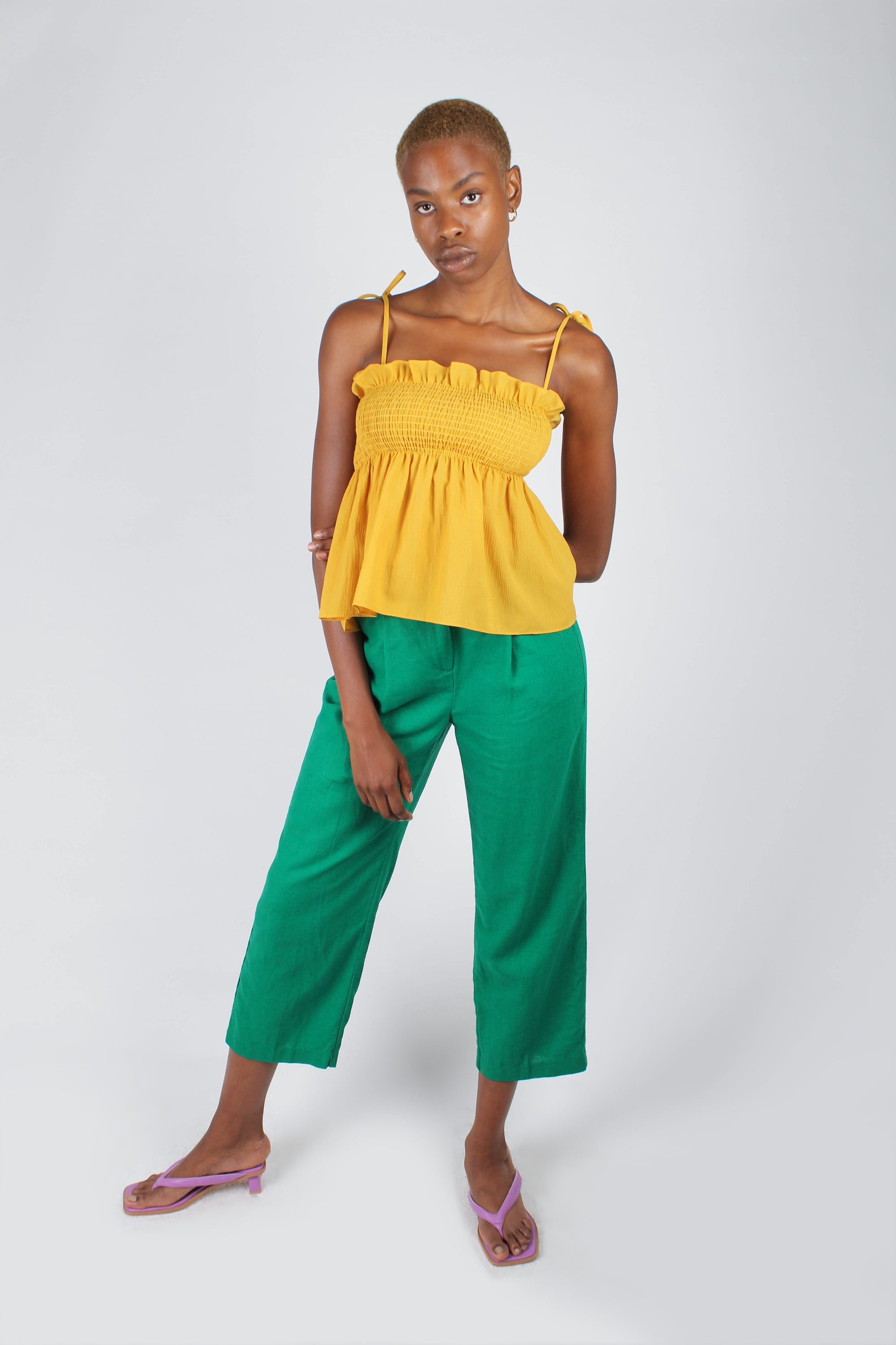 Yellow ruched fit and flare tie shoulder tank_3
