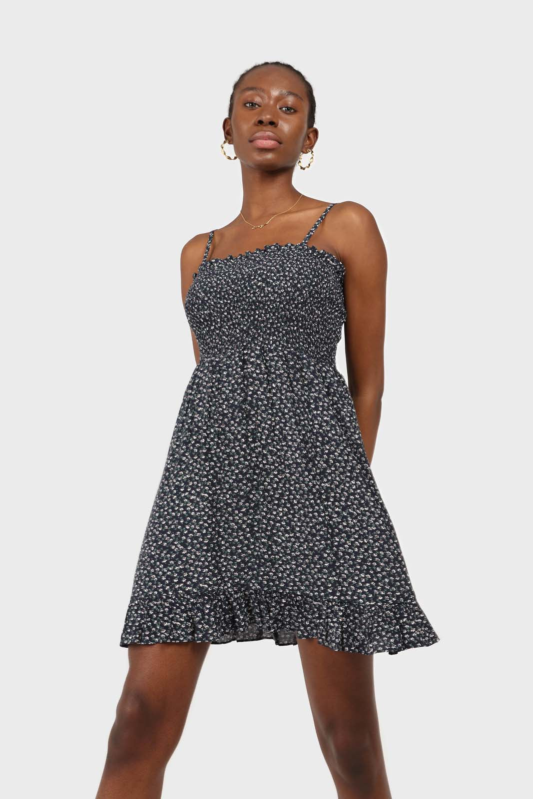 Navy and white floral ruched bodice mini dress_4