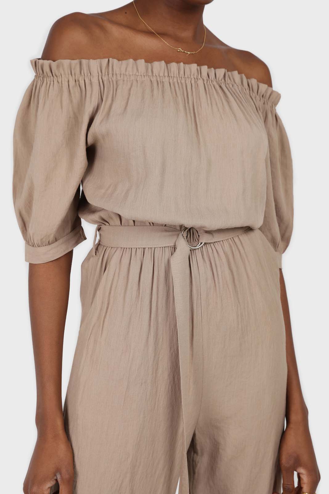 Brown off shoulder tie waist jumpsuit_14