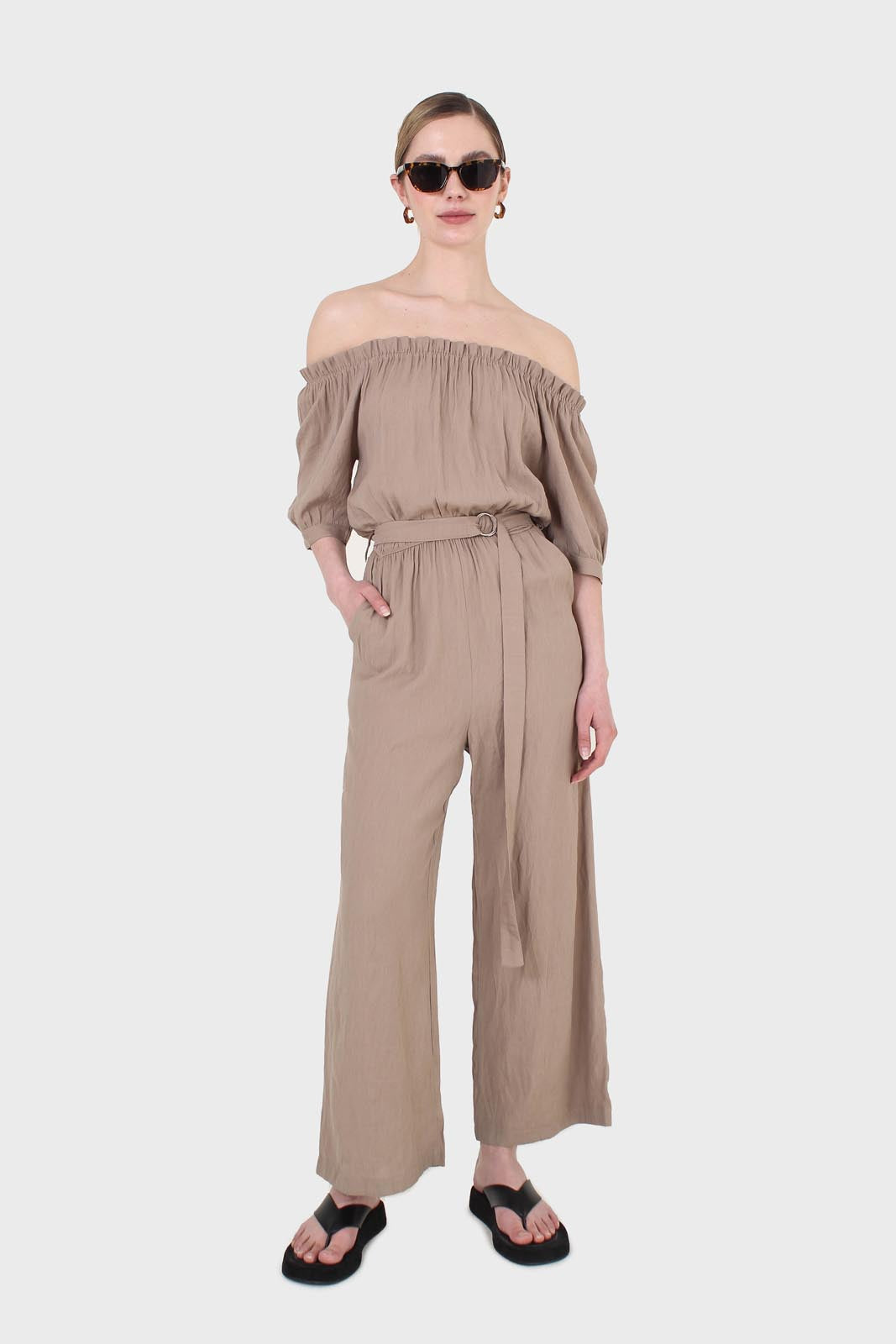 Brown off shoulder tie waist jumpsuit_1