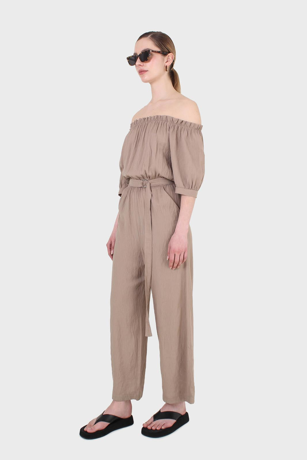 Brown off shoulder tie waist jumpsuit_6