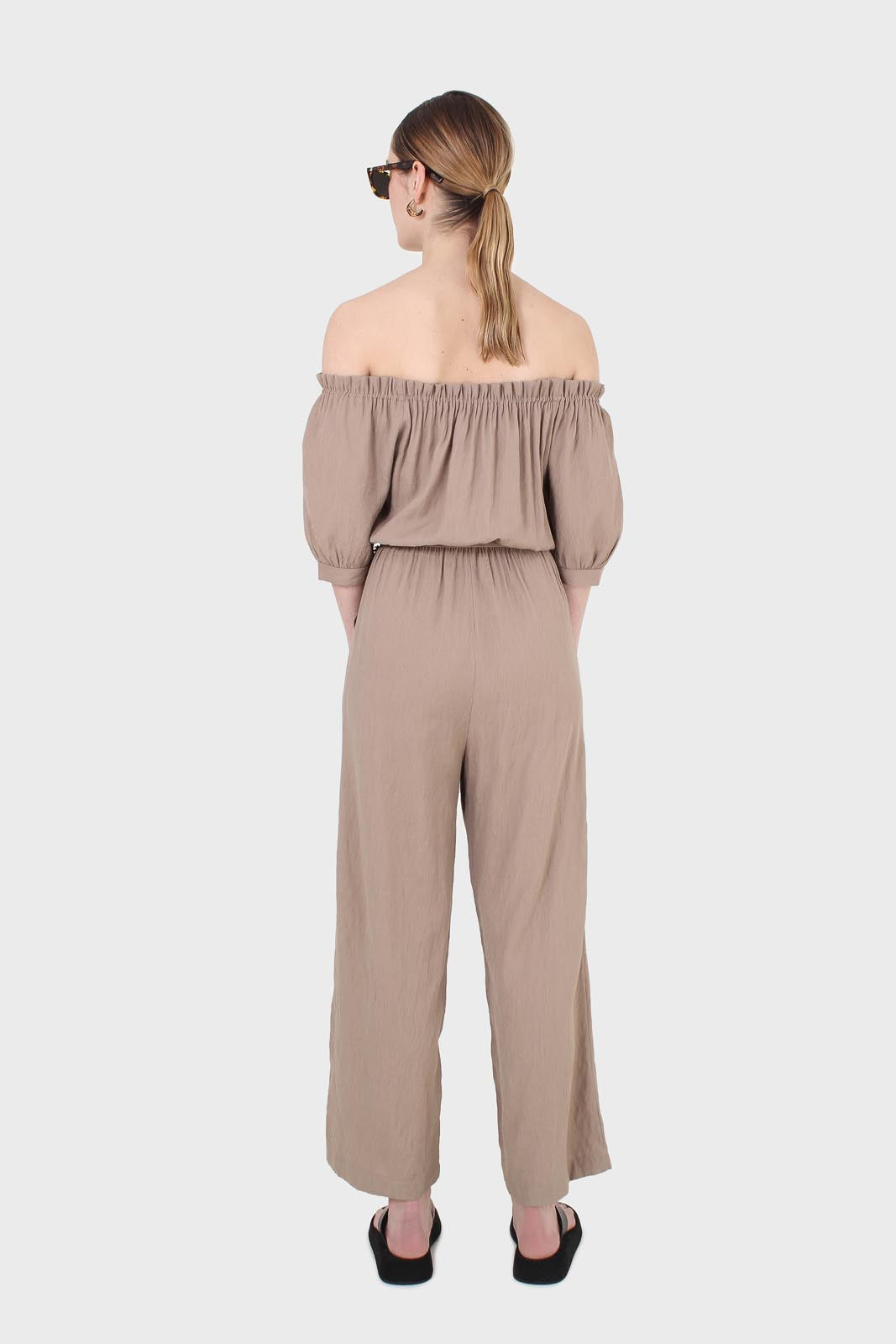 Brown off shoulder tie waist jumpsuit_2