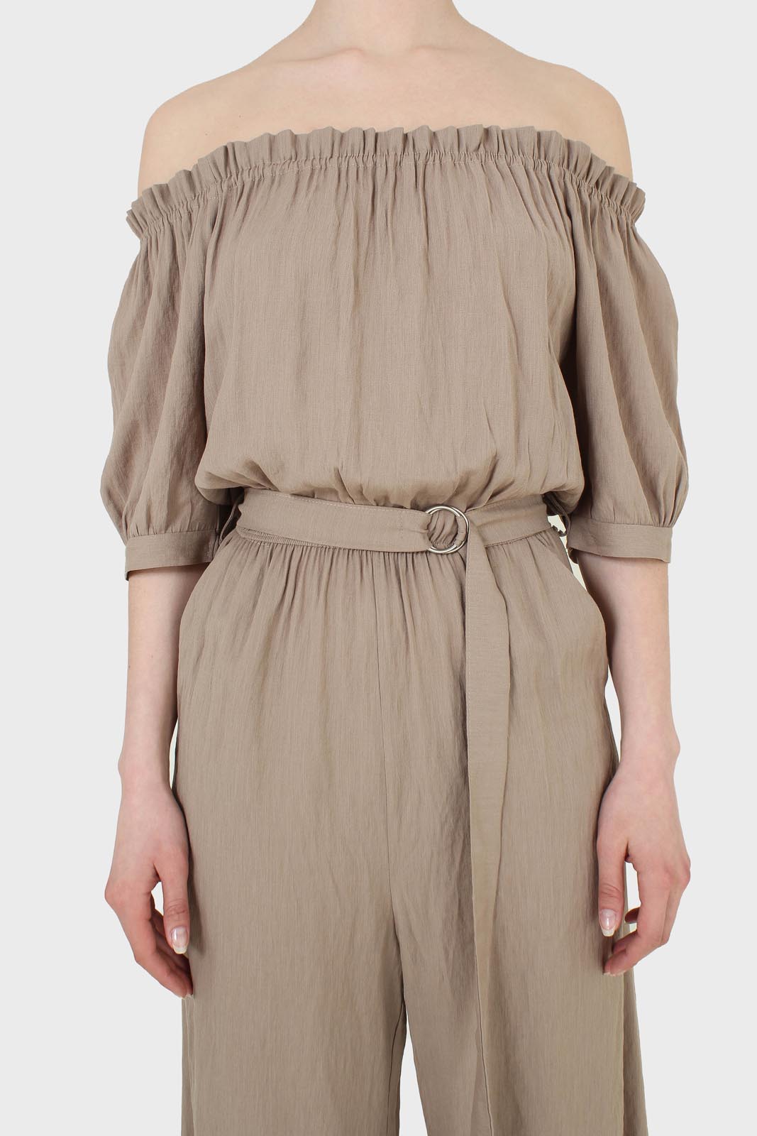 Brown off shoulder tie waist jumpsuit_7