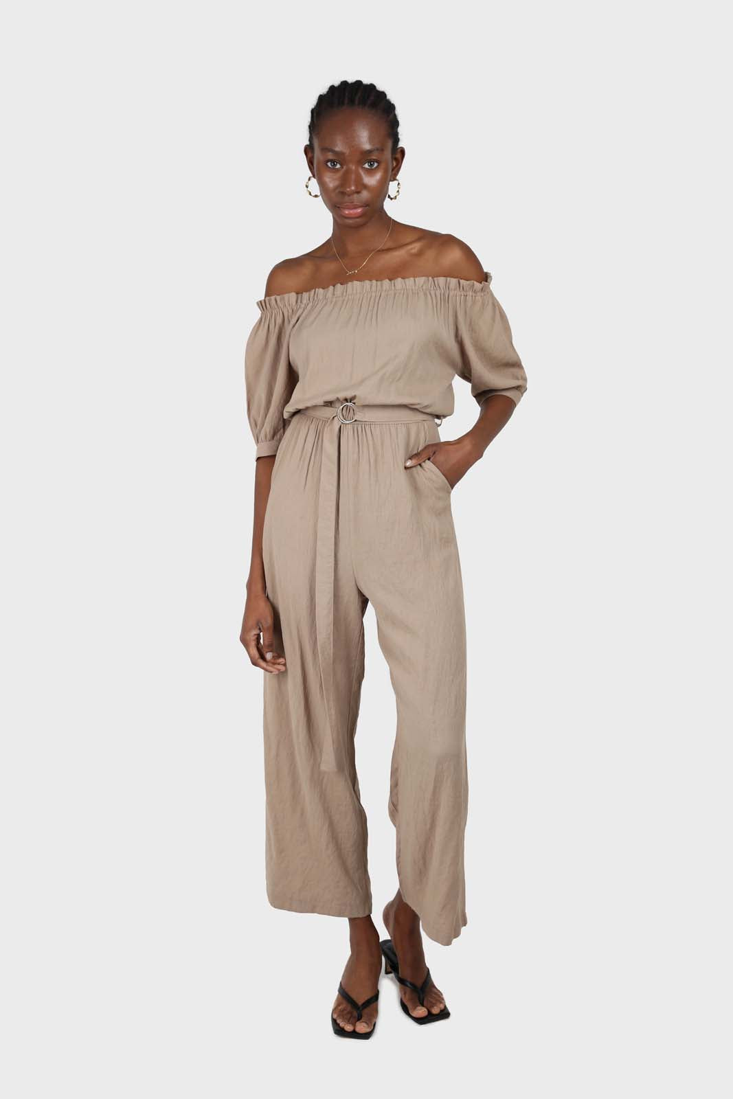 Brown off shoulder tie waist jumpsuit_9