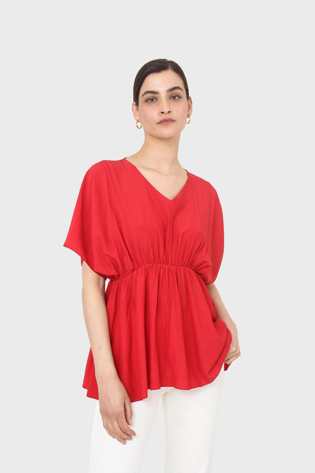 Bright red V-neck wrinkled blouse_1
