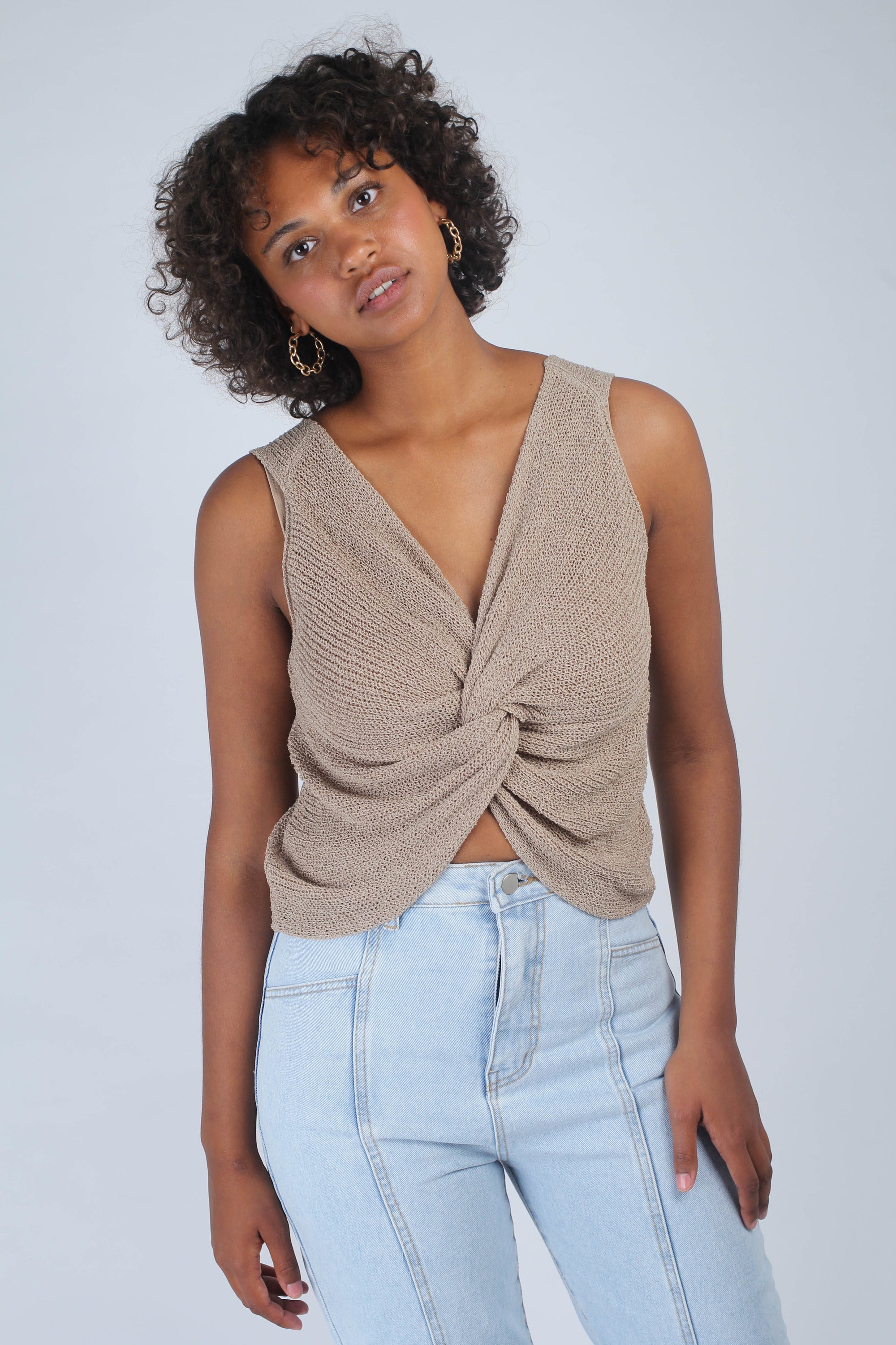 Beige twist front knit tank_1