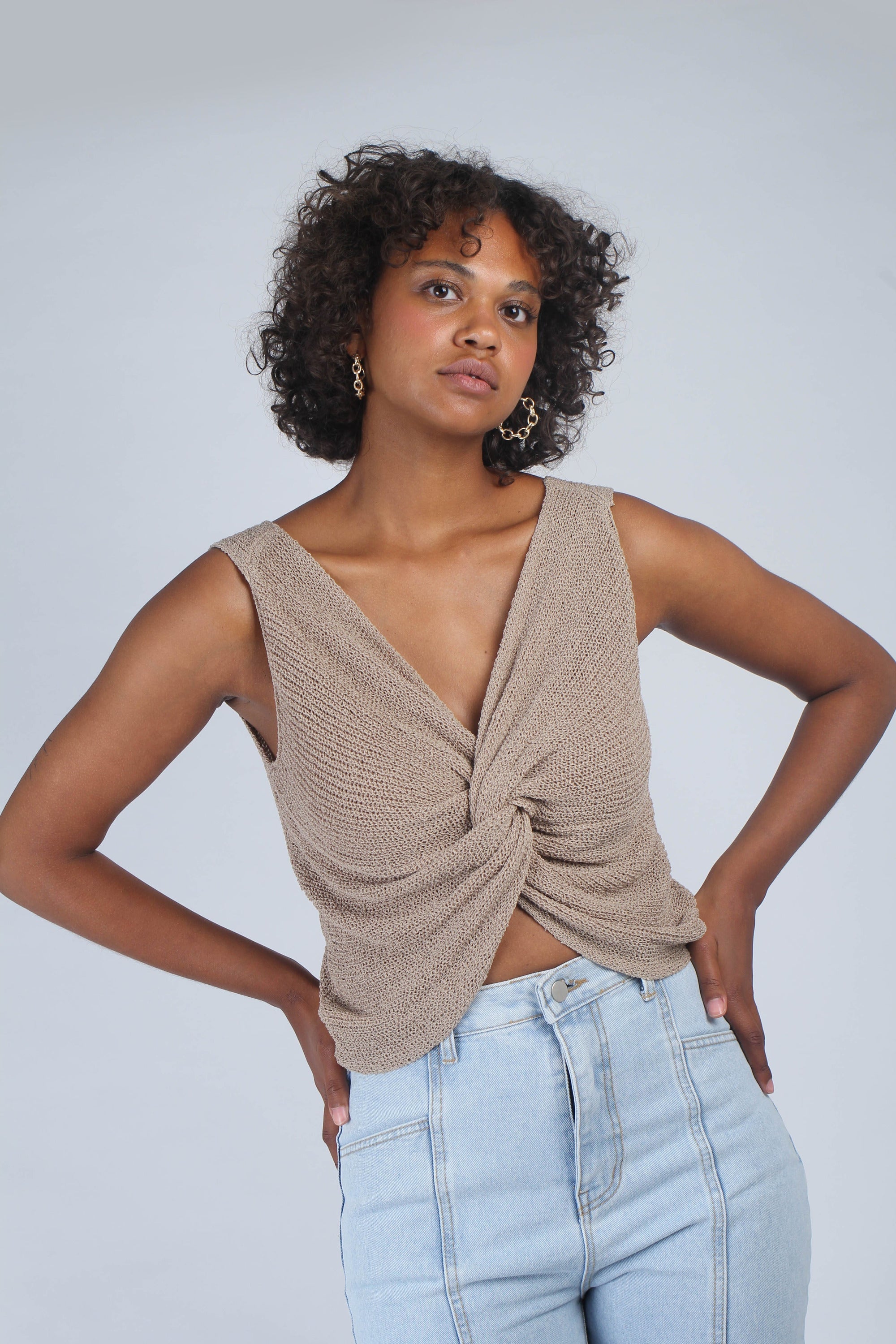 Beige twist front knit tank_6