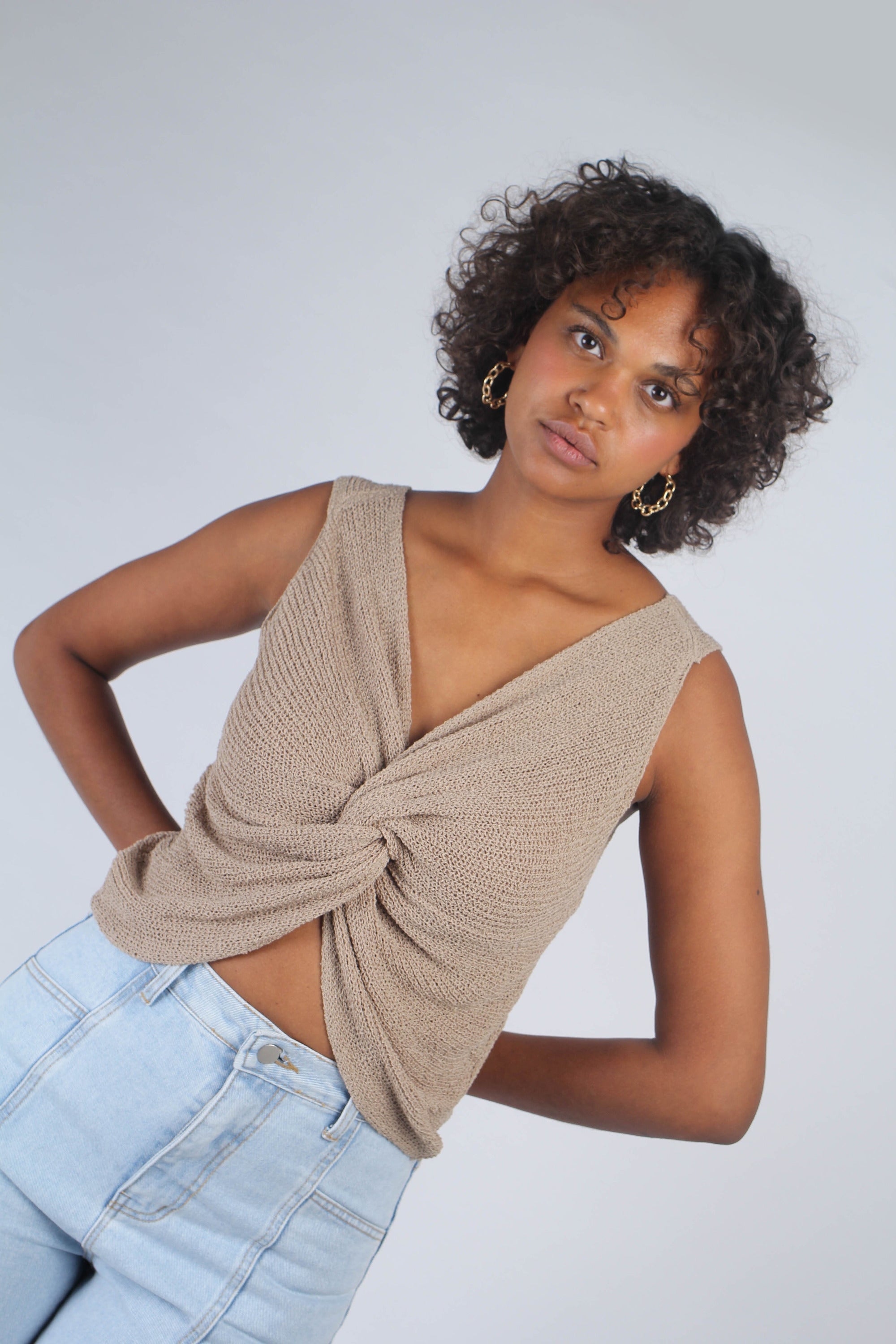 Beige twist front knit tank_2