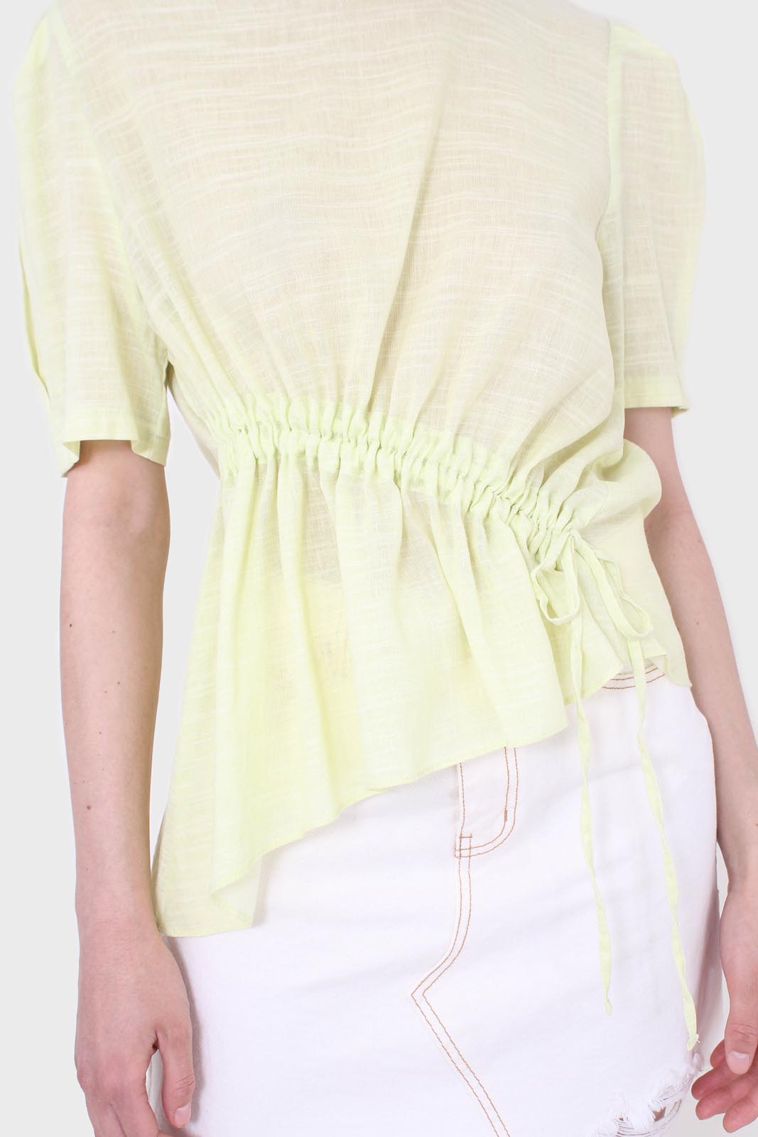 Pale yellow pull string linen top_2