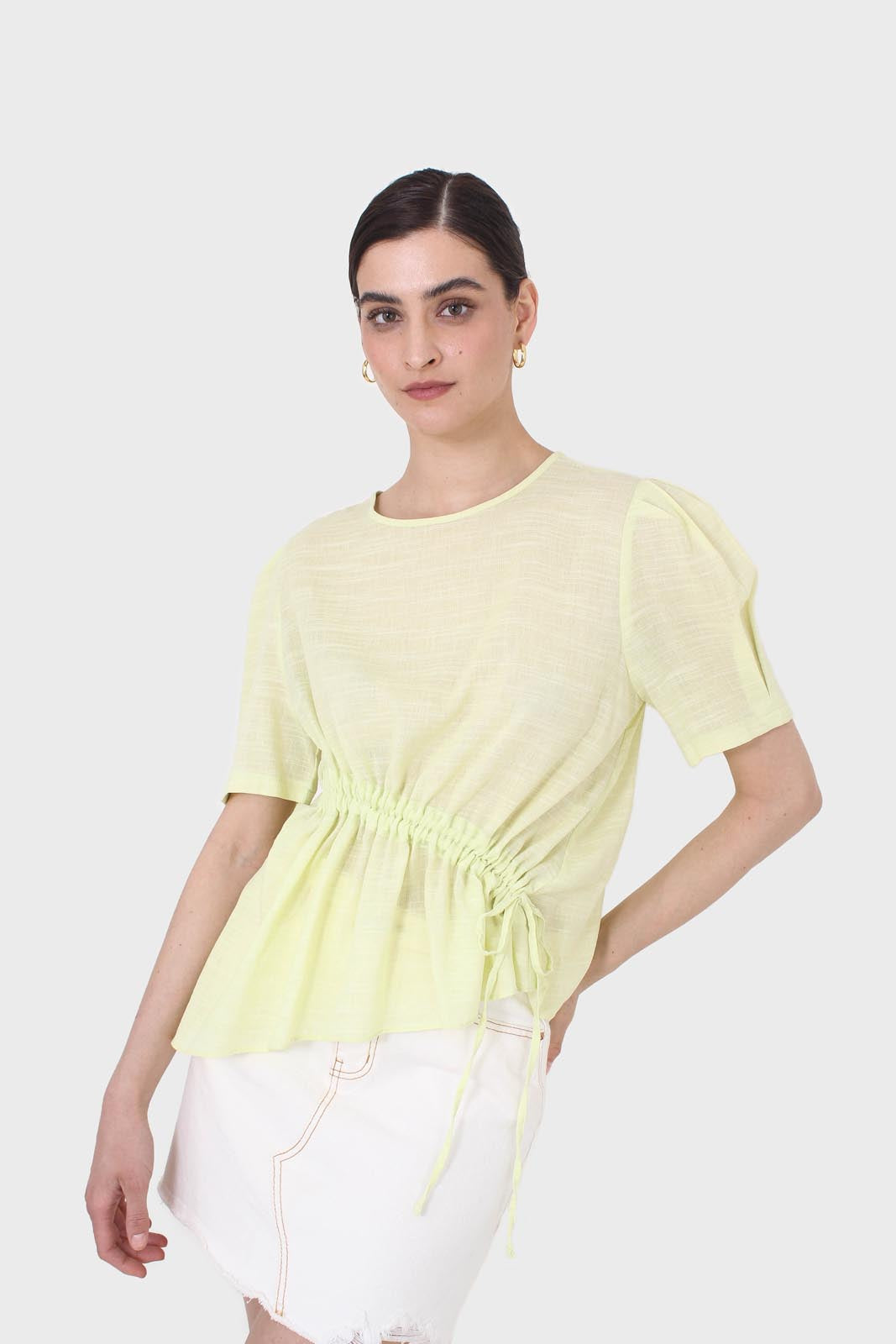 Pale yellow pull string linen top_1