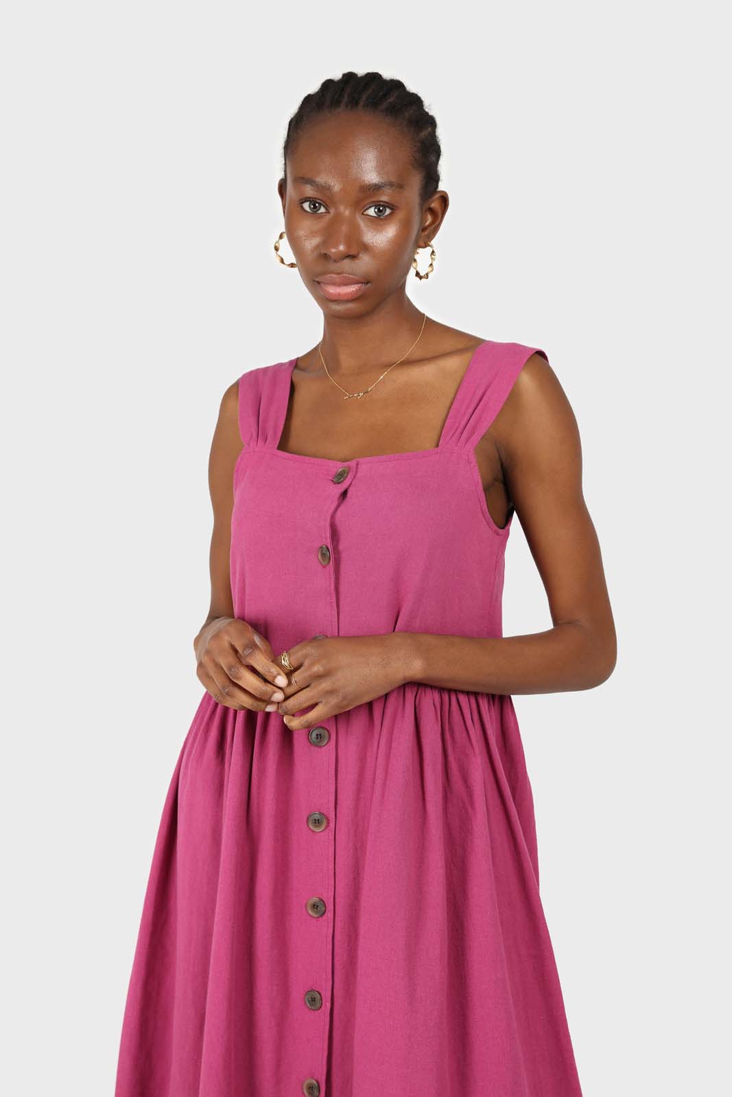 Purple button front thick strap dress_1