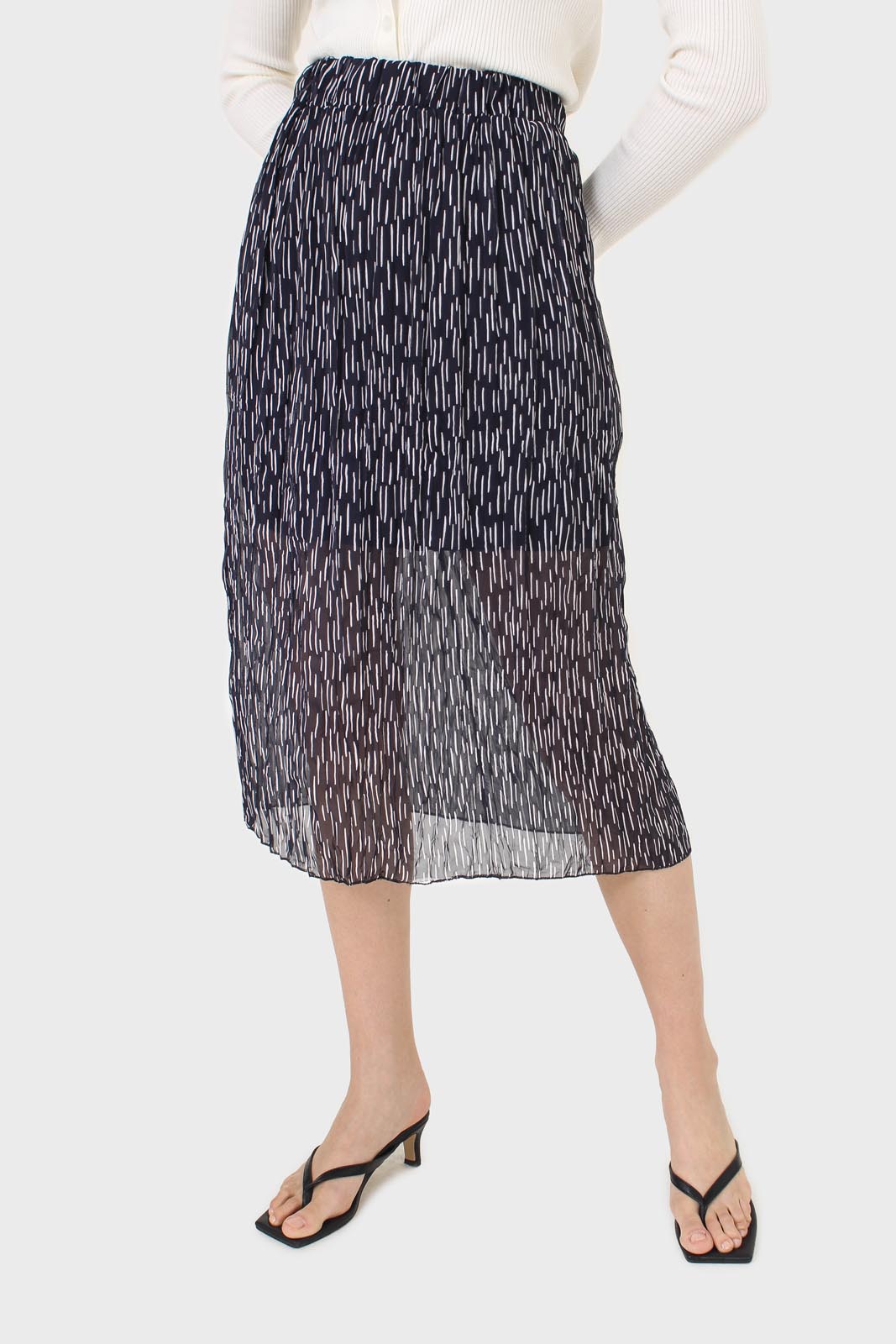 Navy and white print pleated skirt_1