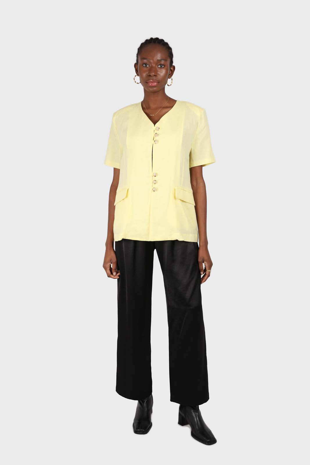 Yellow triple button oversized linen jacket_4