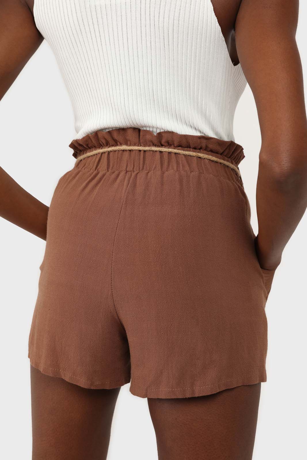Brown loop waist belted linen shorts_2