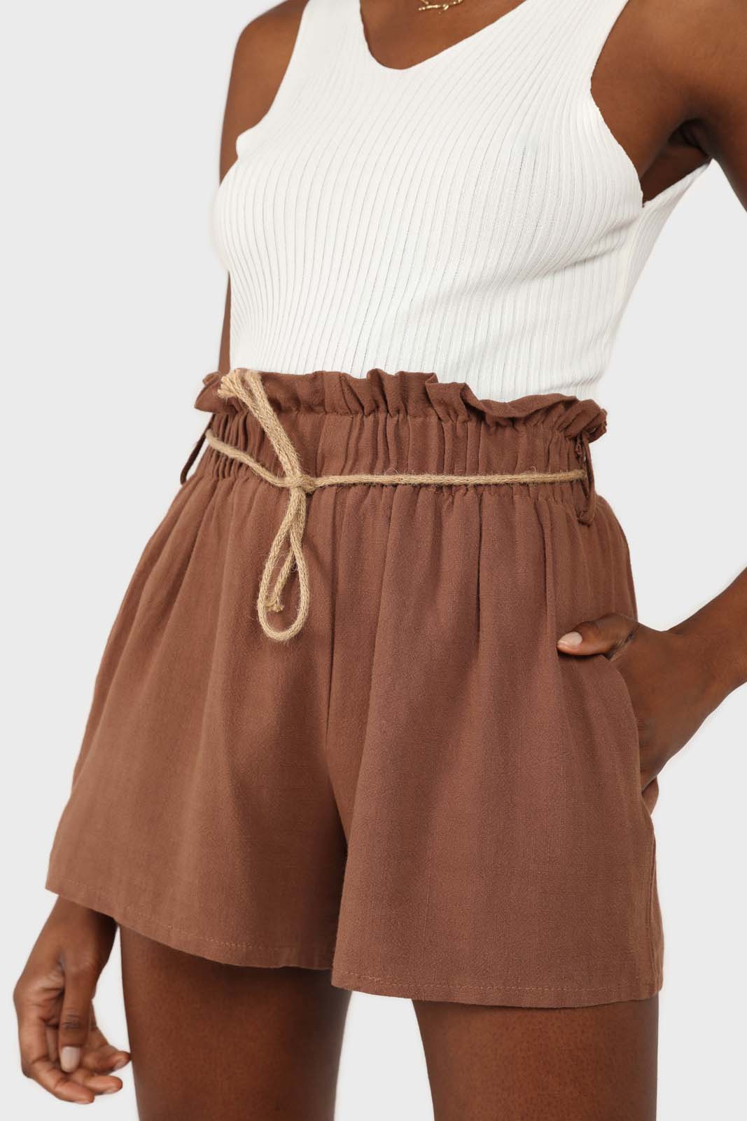 Brown loop waist belted linen shorts_1