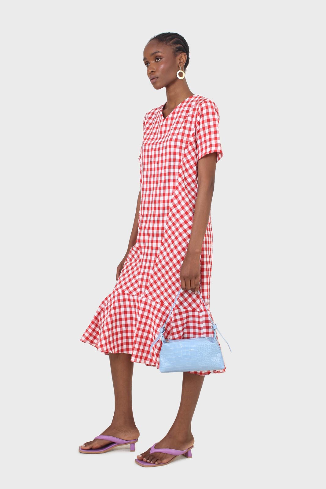 Red gingham V neck tiered ruffle maxi dress_6