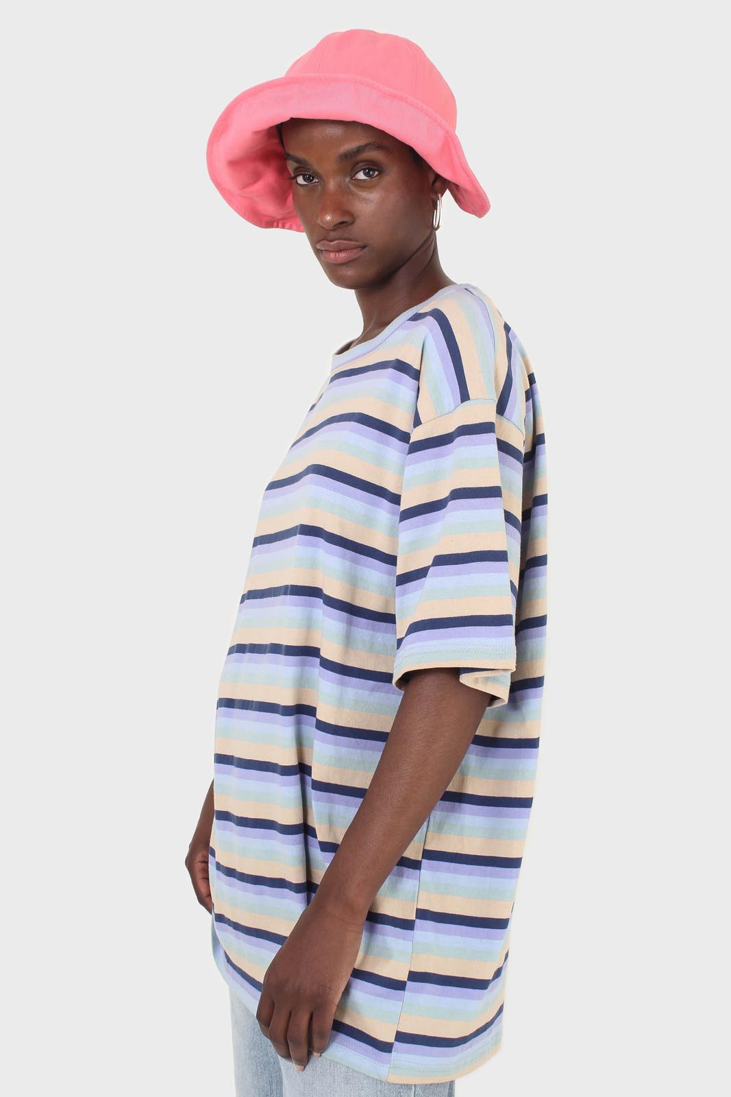 Light blue and beige multi striped oversized tee_4