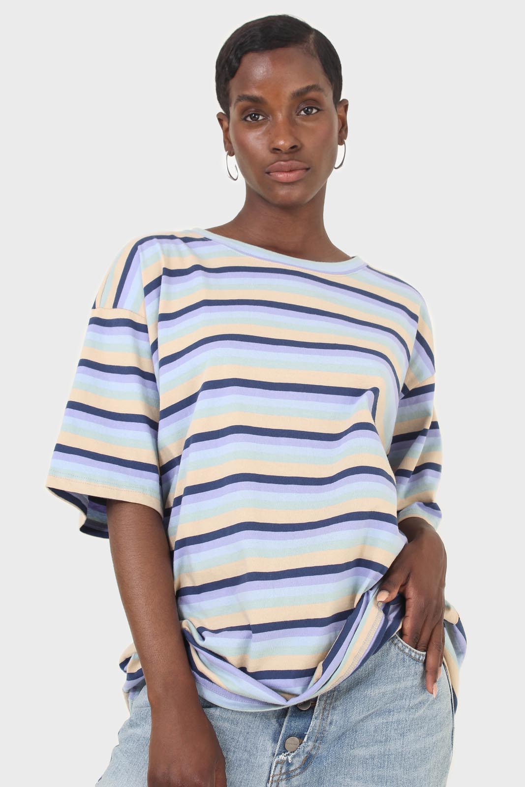 Light blue and beige multi striped oversized tee_7