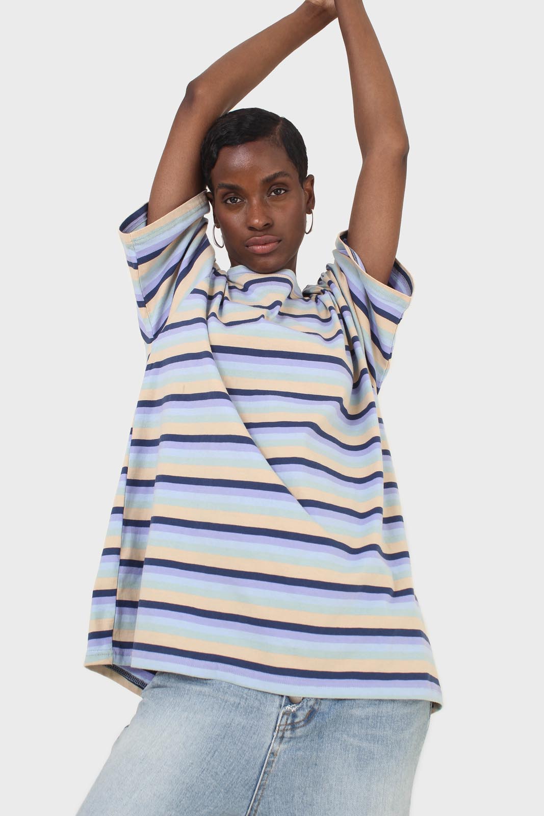 Light blue and beige multi striped oversized tee_8