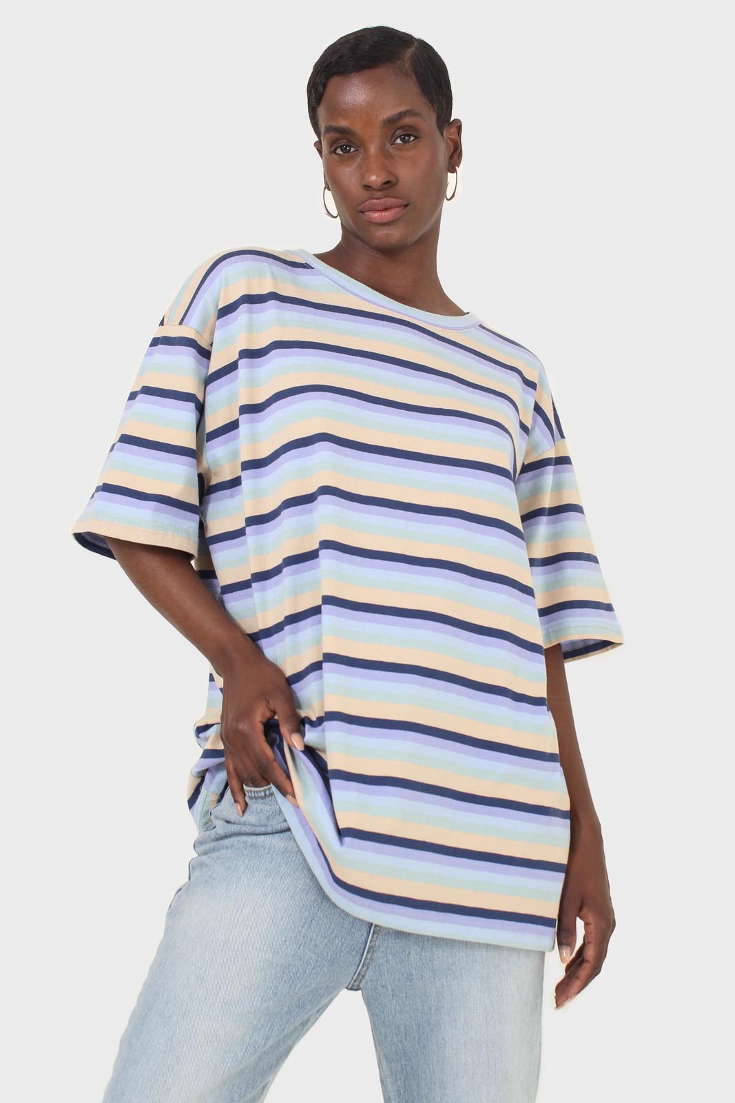 Light blue and beige multi striped oversized tee_1