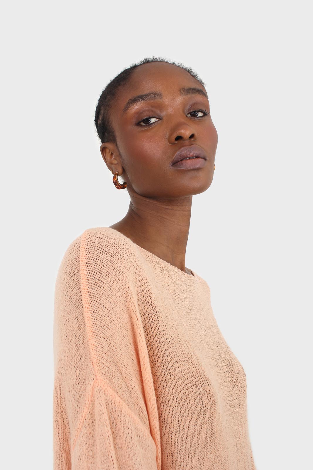 Pale orange wide neck long sleeved loose knit top_2