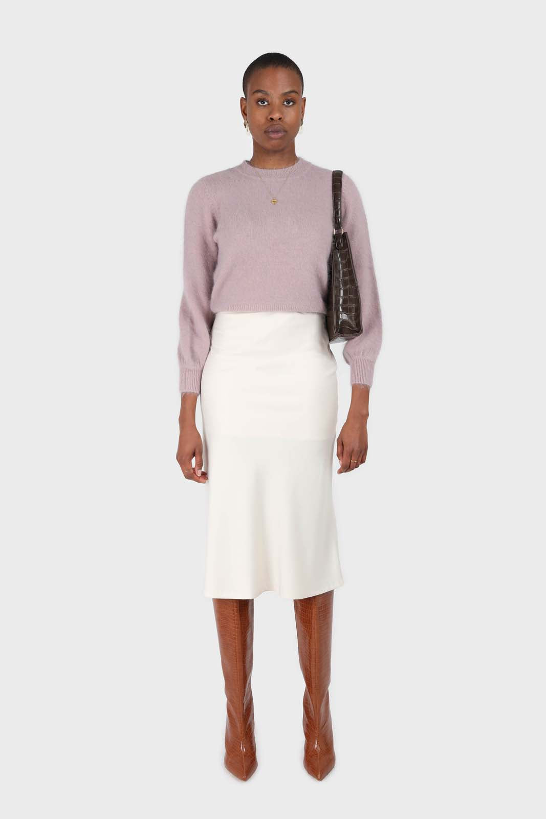 Beige satin flare silky midi skirt_1