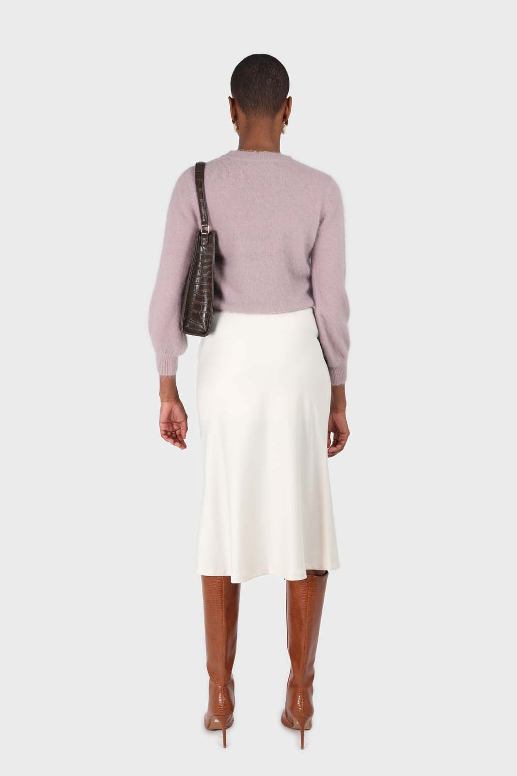 Beige satin flare silky midi skirt_3