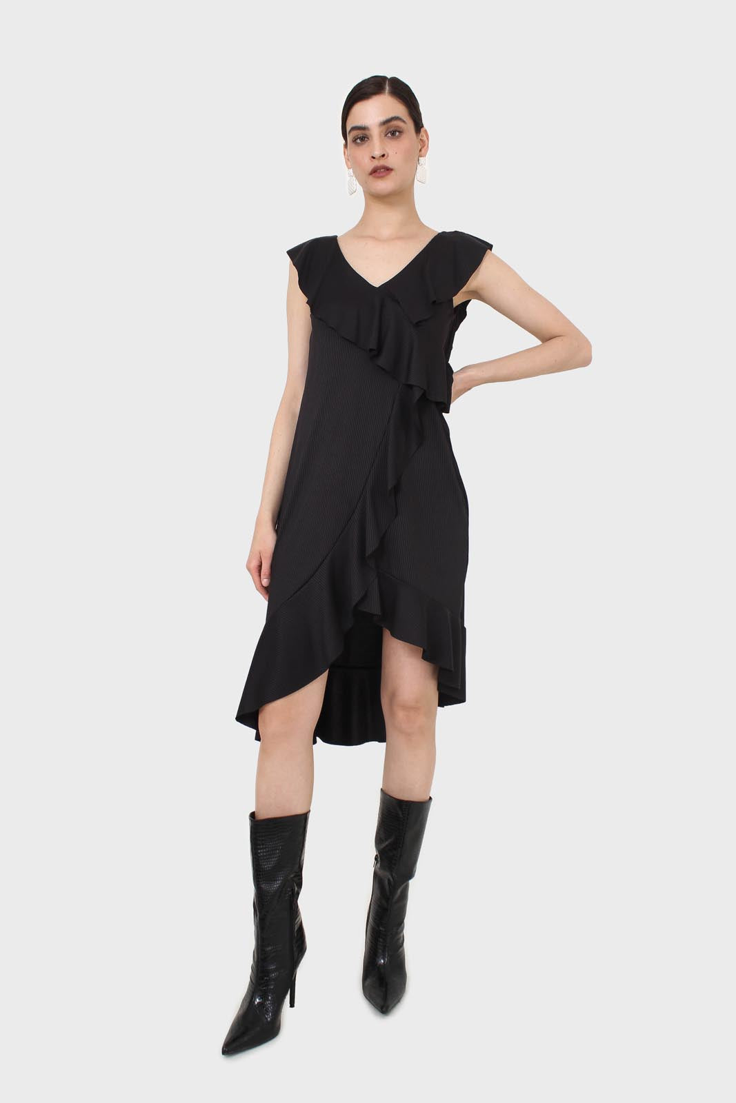 Black ruffle cross asymmetric hem maxi dress_1