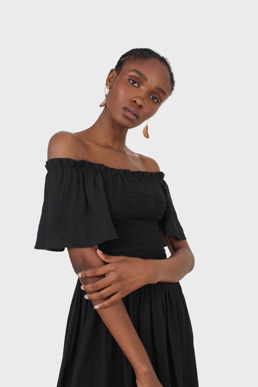 Black off shoulder ruched bodice maxi dress_2