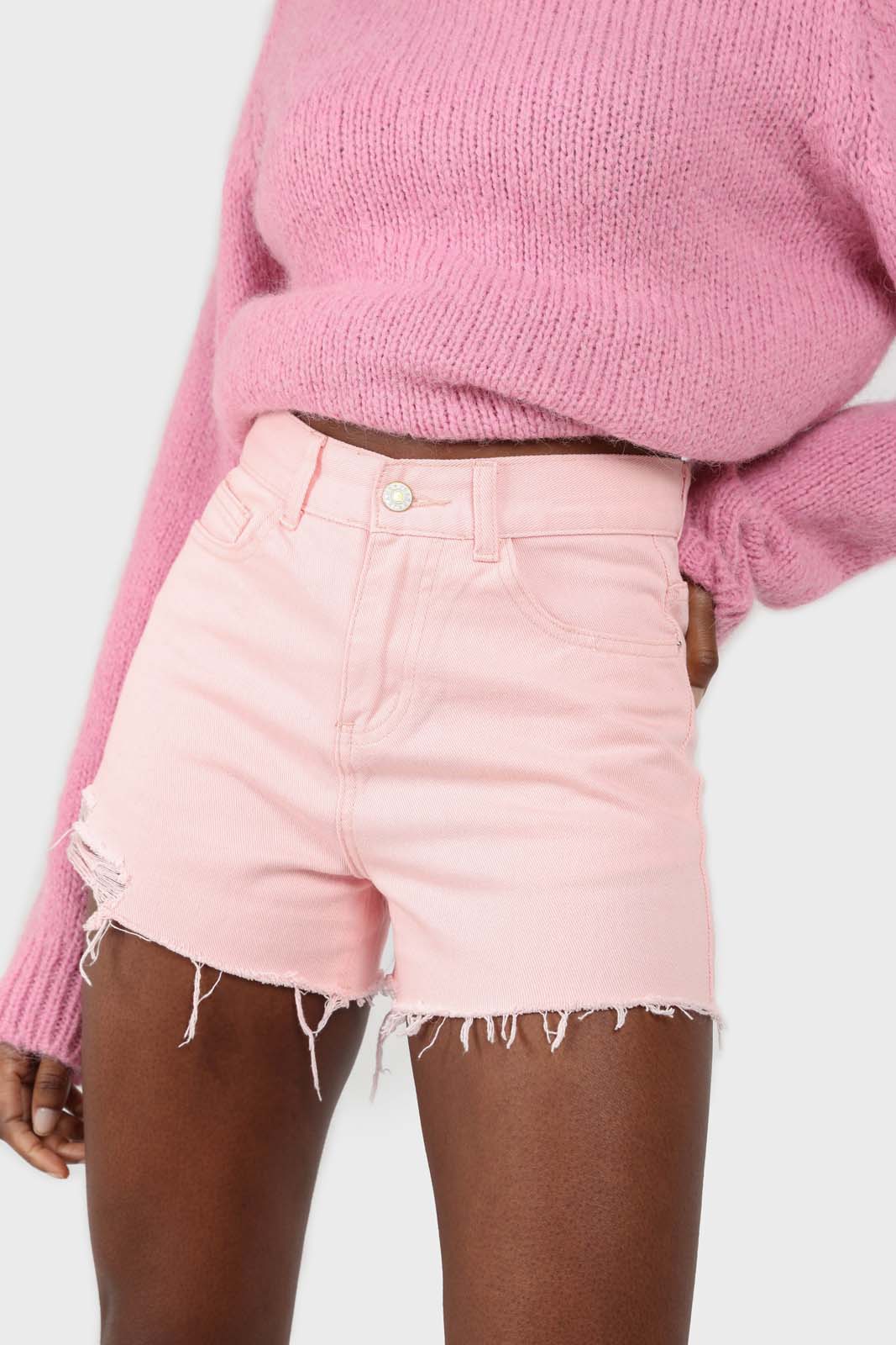 Pink raw hem denim shorts_1
