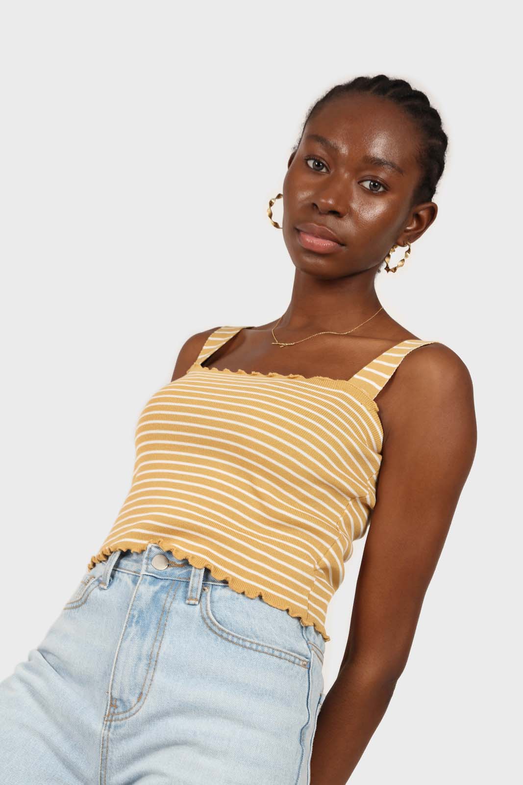 Yellow and white striped frill trim knit tank_2