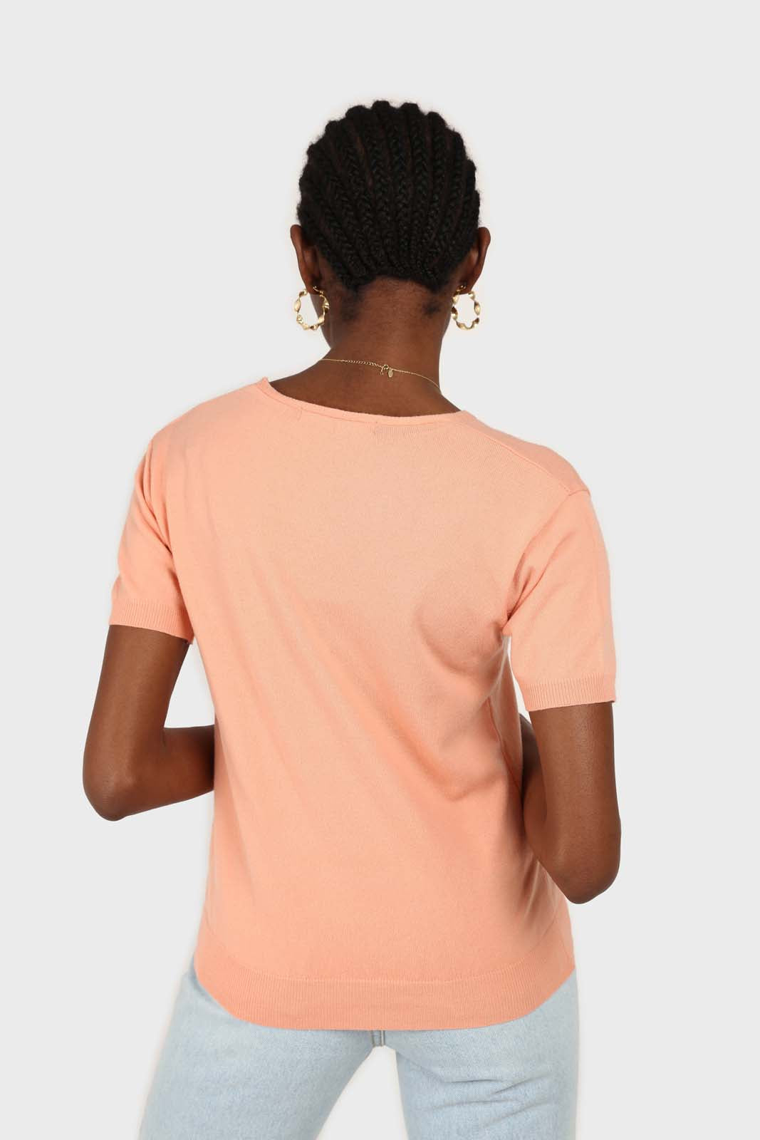 Pale orange V-neck short sleeved knit top_3