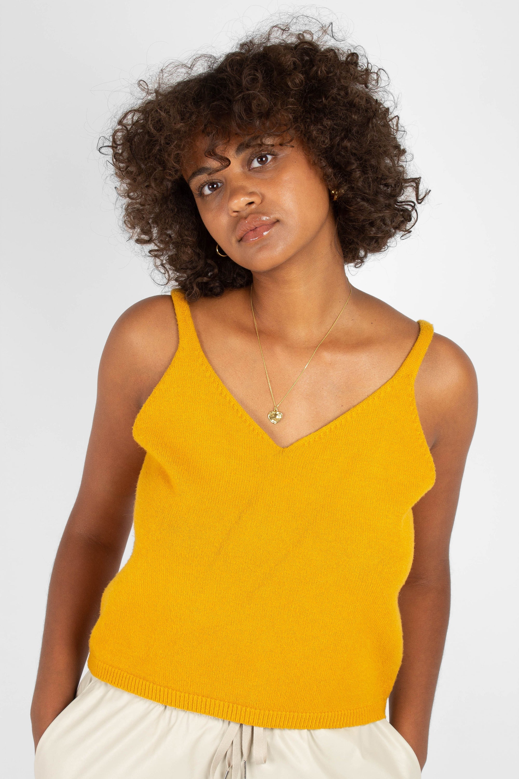 Mustard soft V-neck knit tank_1
