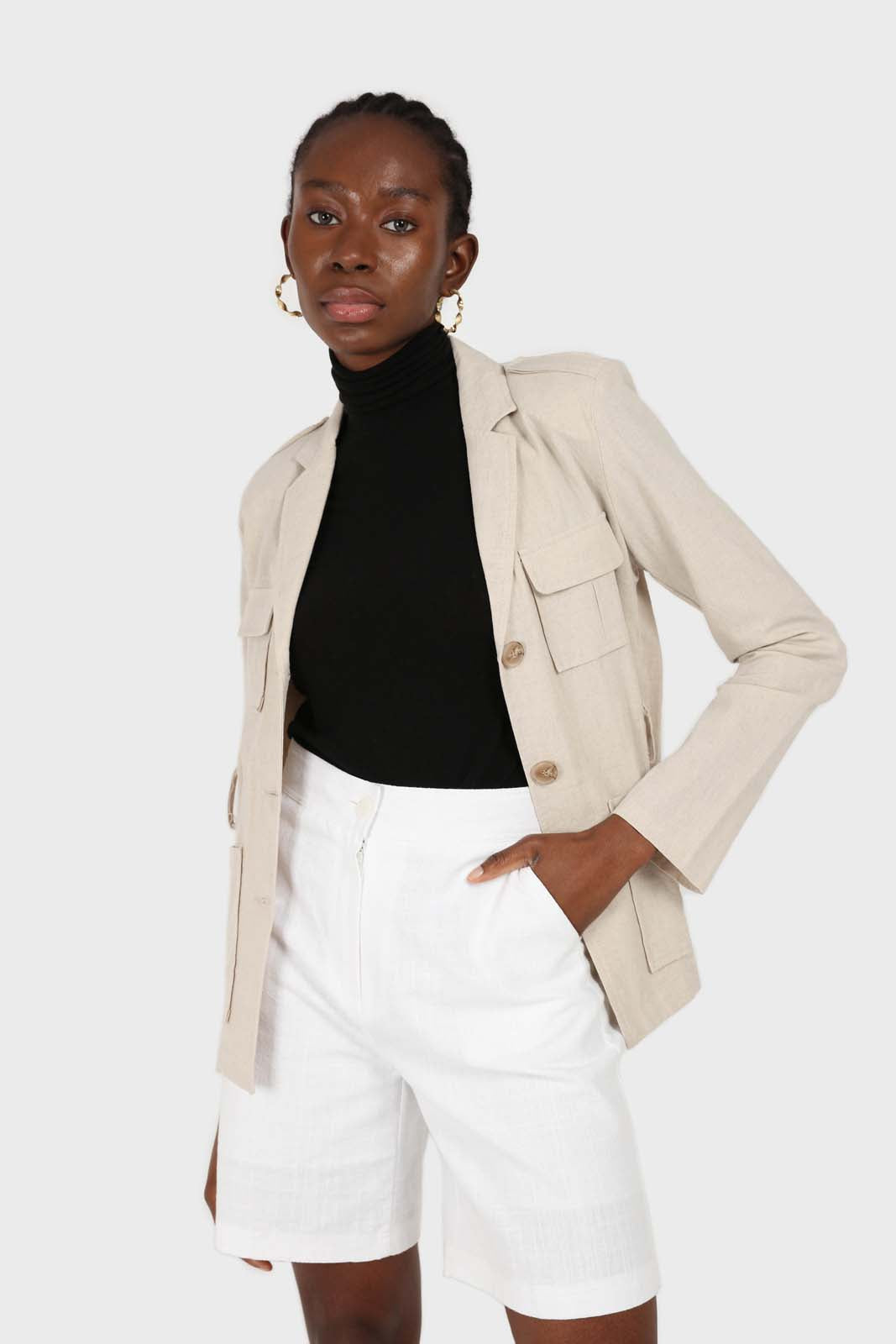 Beige belted patch pocket utility jacket_4