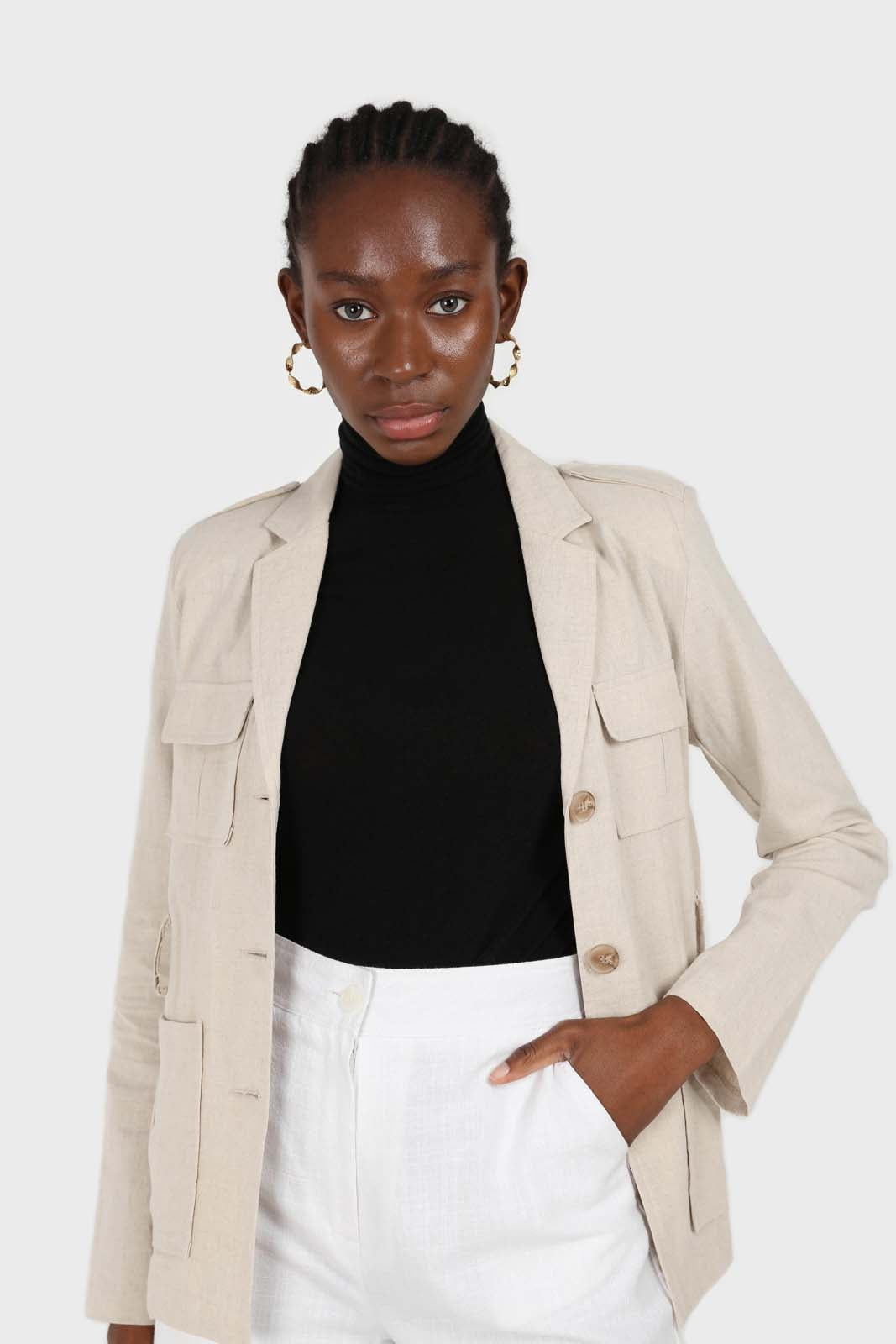 Beige belted patch pocket utility jacket_5