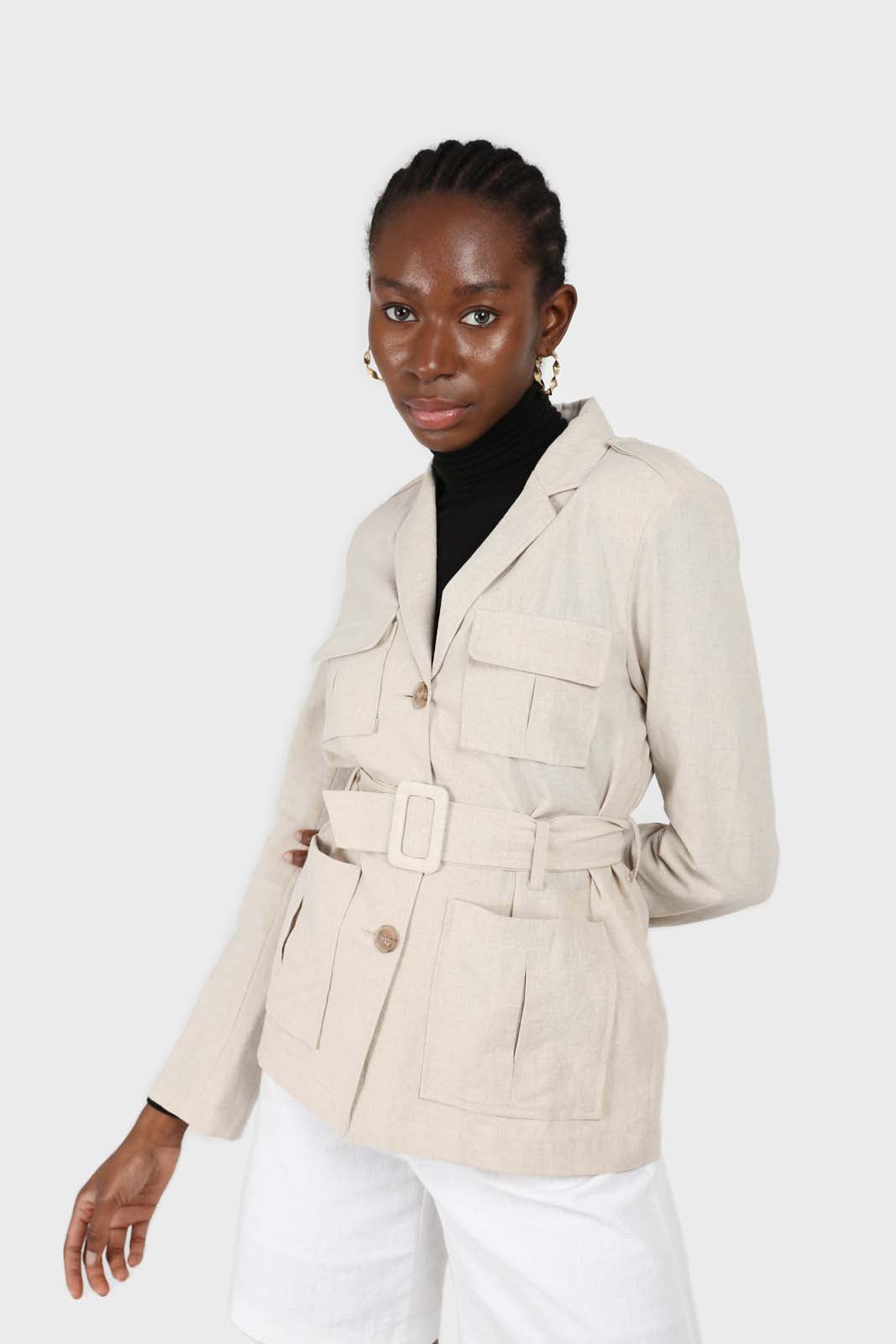 Beige belted patch pocket utility jacket_1