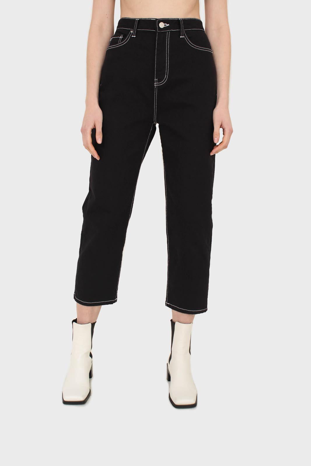 Black and white contrast stitch boyfriend jeans - 853_1