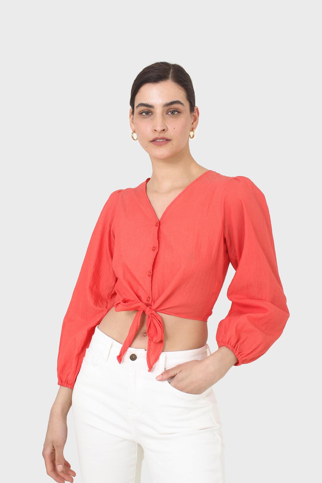 Red button up tie front cropped shirt_1