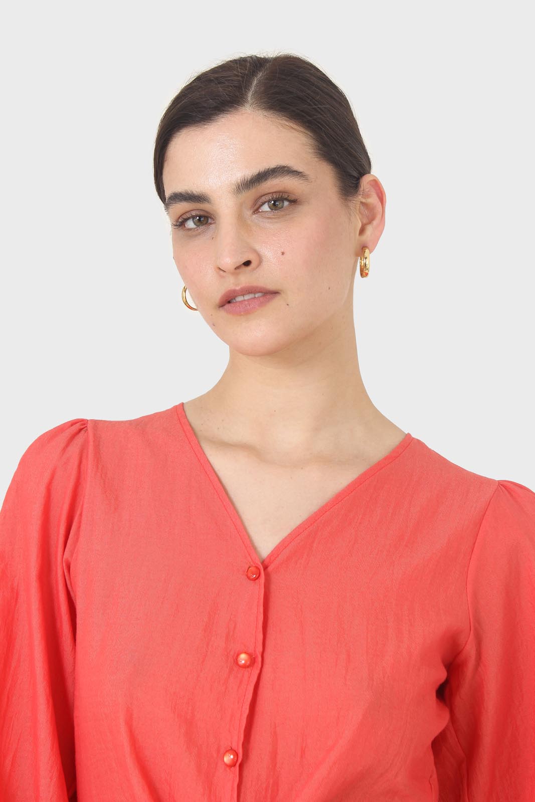 Red button up tie front cropped shirt_3