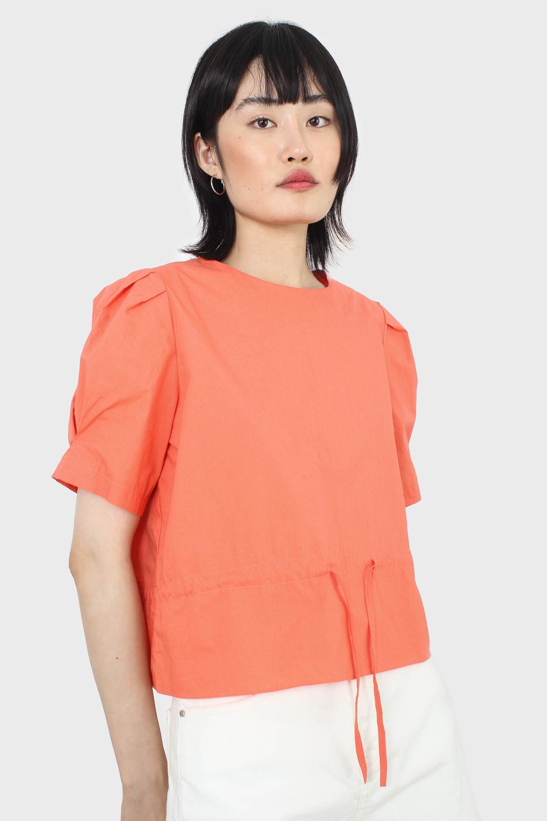 Orange drawstring waist puff short sleeved top_1