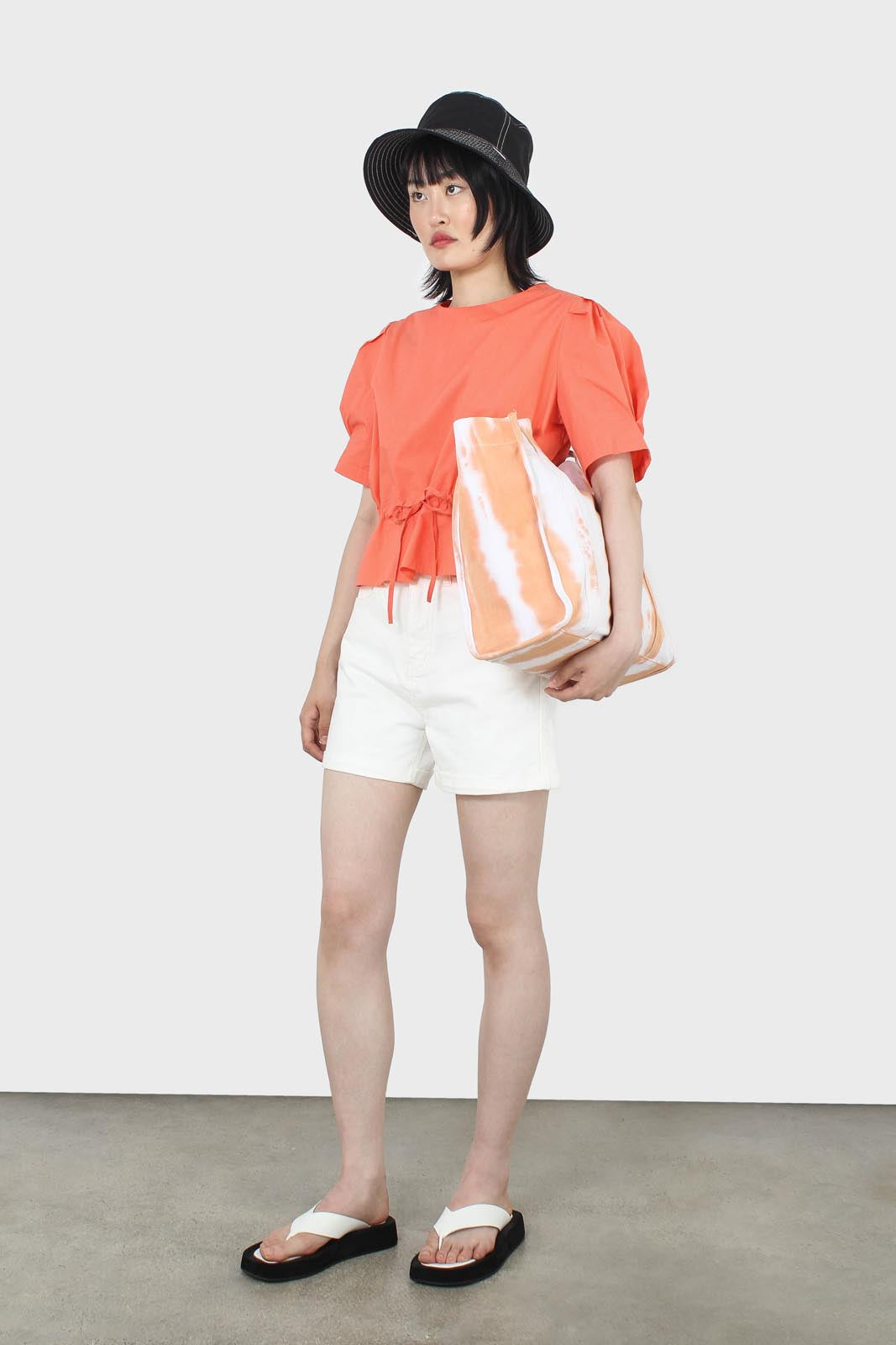 Orange drawstring waist puff short sleeved top_3