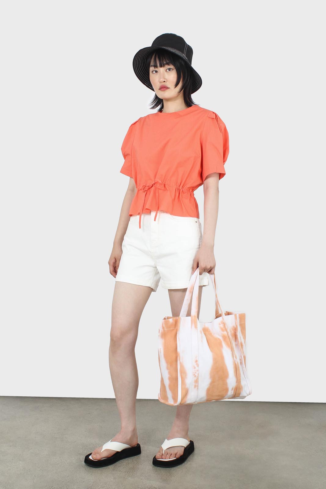 Orange drawstring waist puff short sleeved top_9