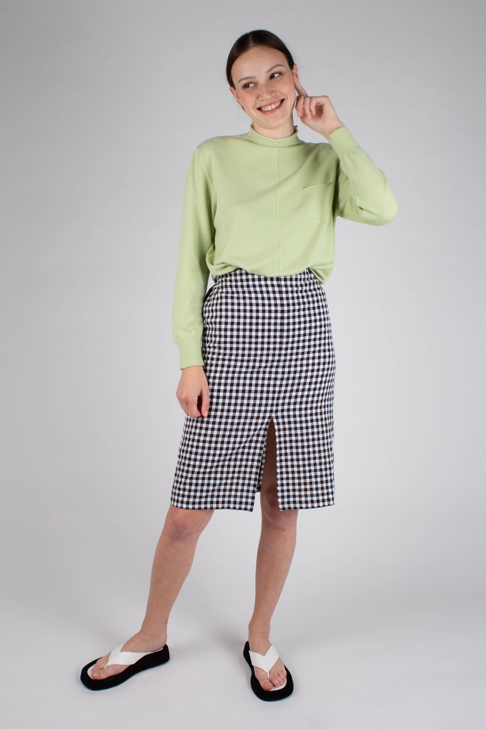Green chest pocket mock neck knit top_1