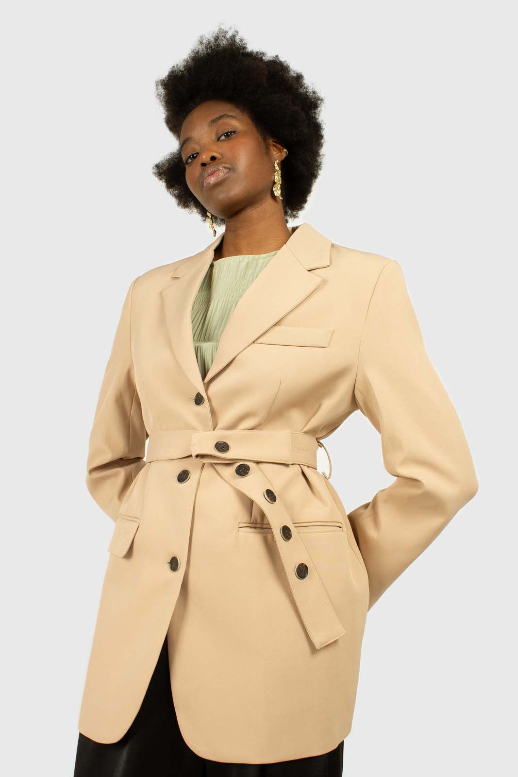 Beige flap pocket long belted blazer_2