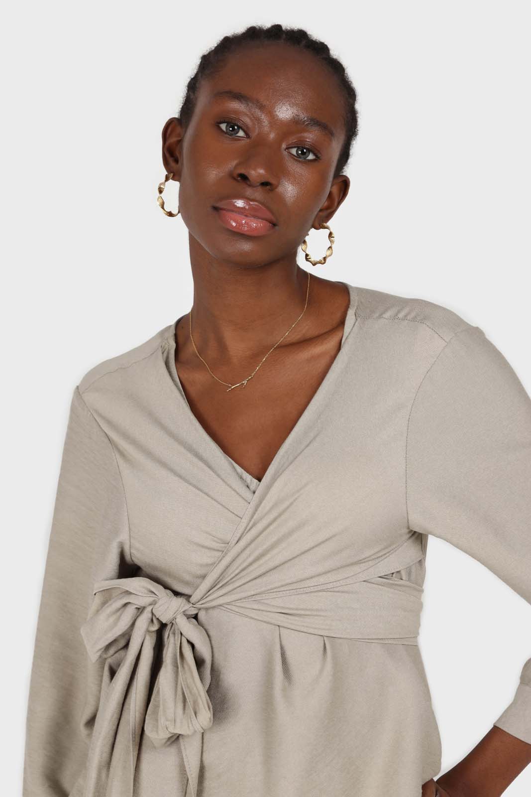 Khaki wrap tie waist cropped blouse_2