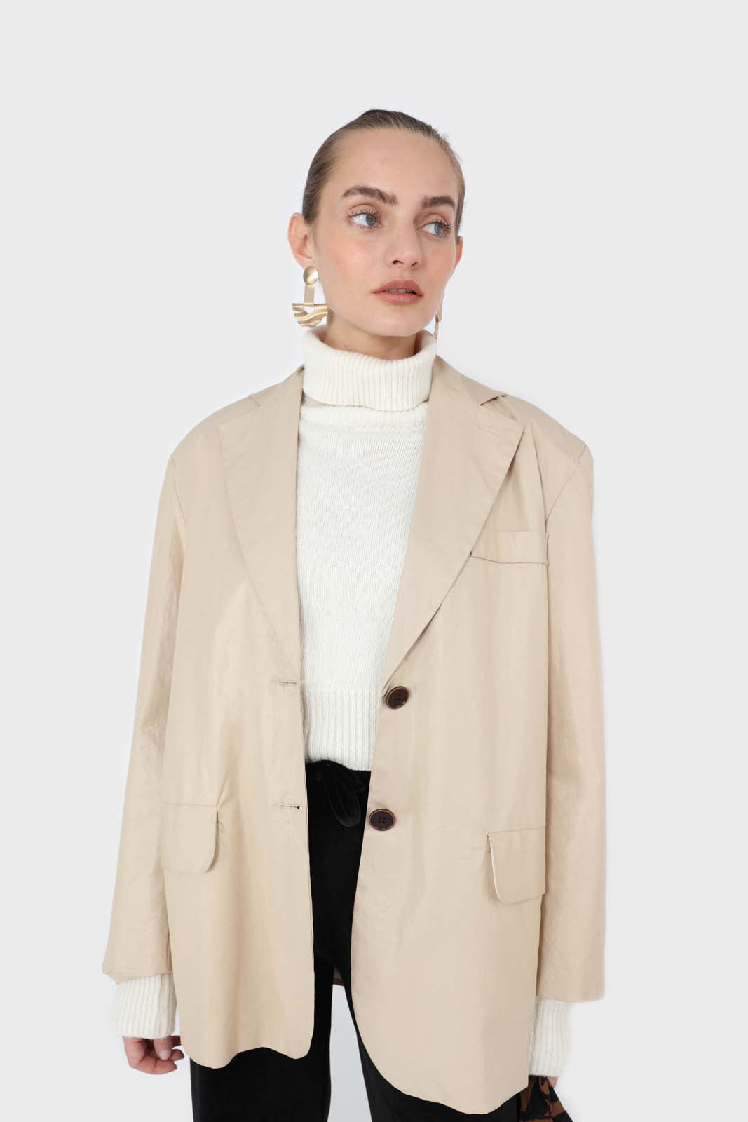 Beige vegan leather flap pocket oversized blazer_1